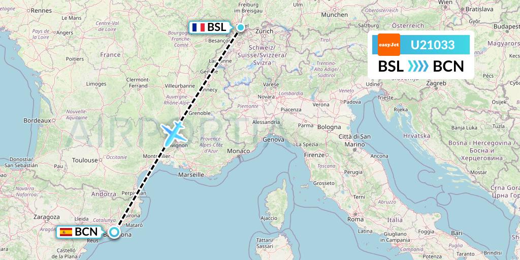 U21033 EasyJet Flight Map: Basel to Barcelona