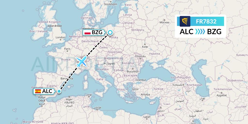 FR7832 Ryanair Flight Map: Alicante to Bydgoszcz