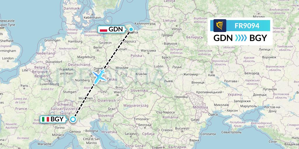 FR9094 Ryanair Flight Map: Gdansk to Milan