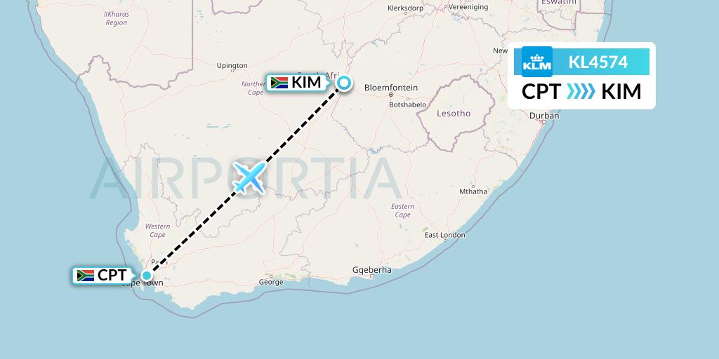 KL4574 KLM Flight Map: Cape Town to Kimberley