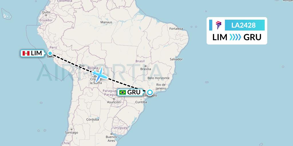 LA2428 LAN Airlines Flight Map: Lima to Sao Paulo