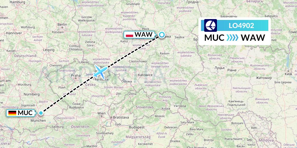 LO4902 LOT Flight Map: Munich to Warsaw