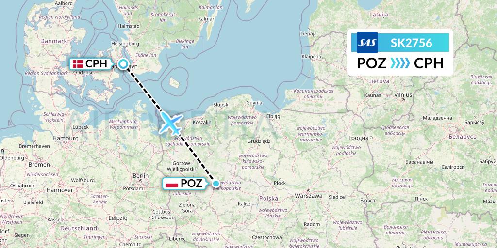 SK2756 SAS Flight Map: Poznan to Copenhagen