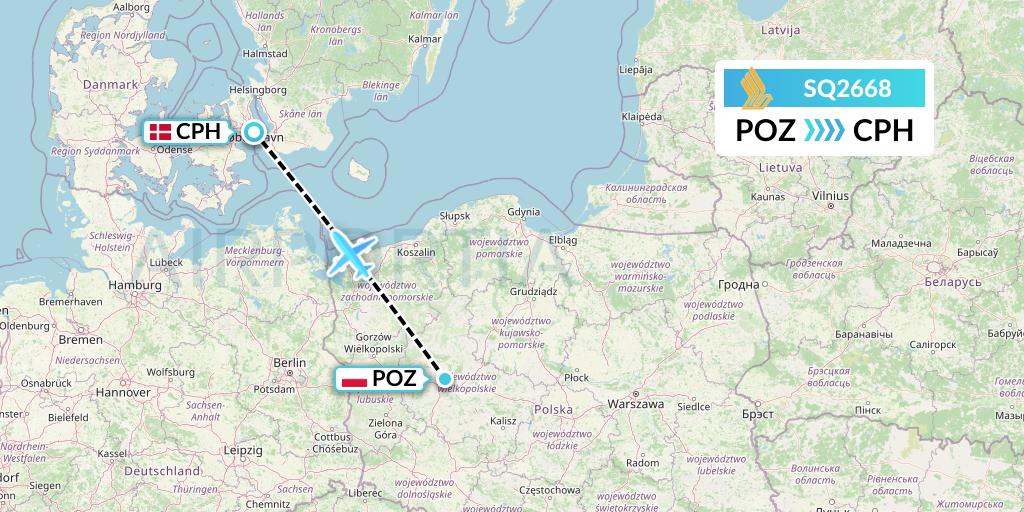 SQ2668 Singapore Airlines Flight Map: Poznan to Copenhagen
