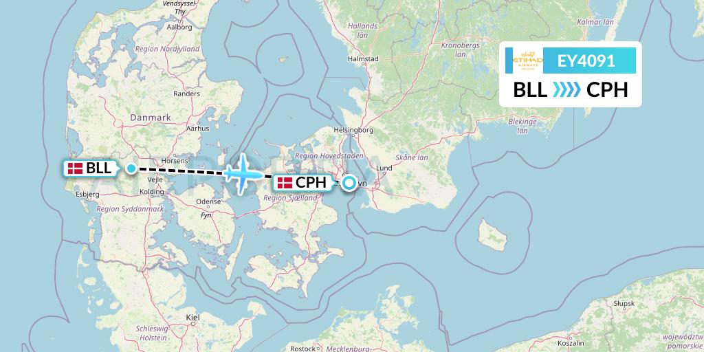 EY4091 Etihad Airways Flight Map: Billund to Copenhagen