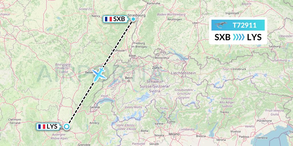 T72911 Twin Jet Flight Map: Strasbourg to Lyon