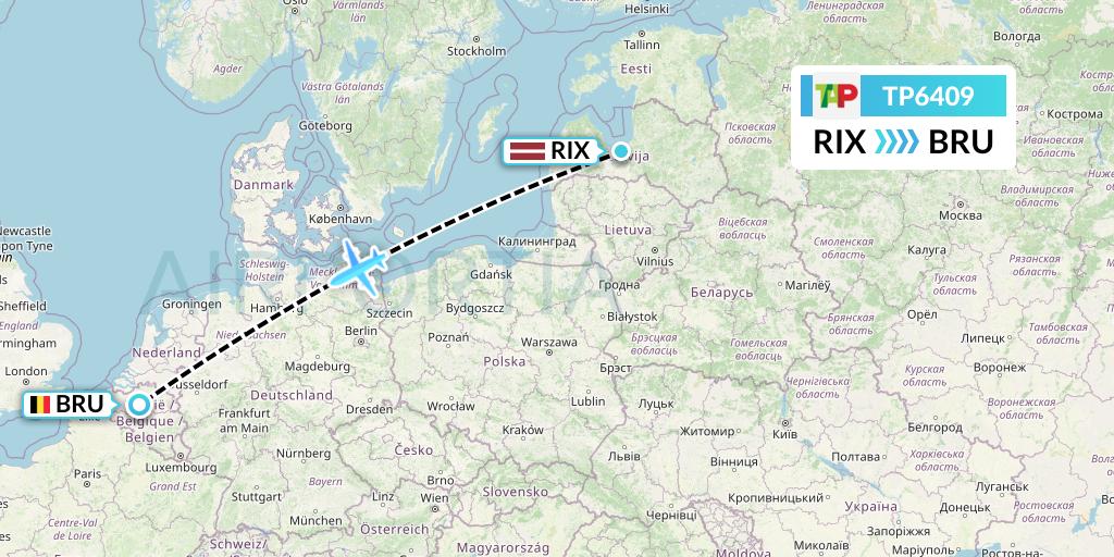 TP6409 TAP Portugal Flight Map: Riga to Brussels