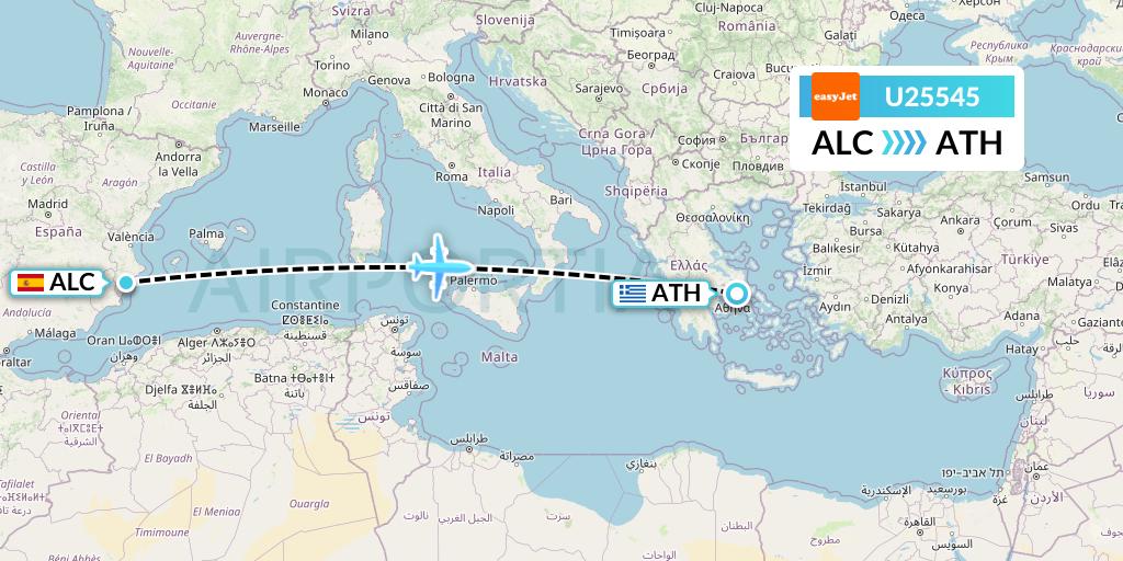 U25545 EasyJet Flight Map: Alicante to Athens