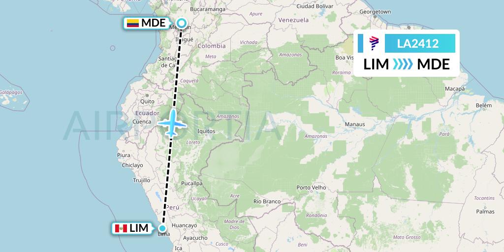 LA2412 LAN Airlines Flight Map: Lima to Medellin