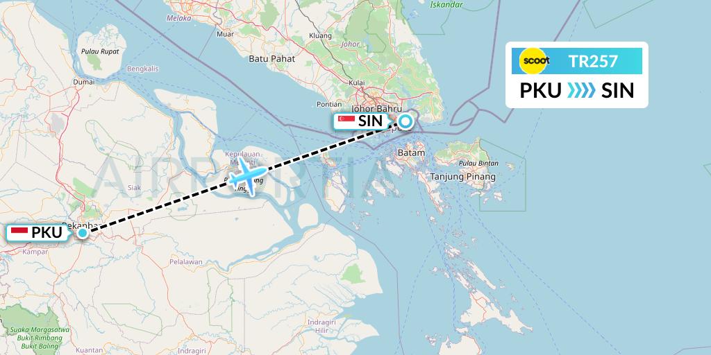 TR257 Tigerair Flight Map: Pekanbaru to Singapore
