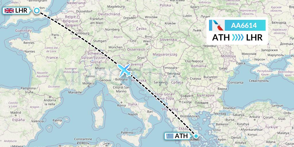 AA6614 American Airlines Flight Map: Athens to London