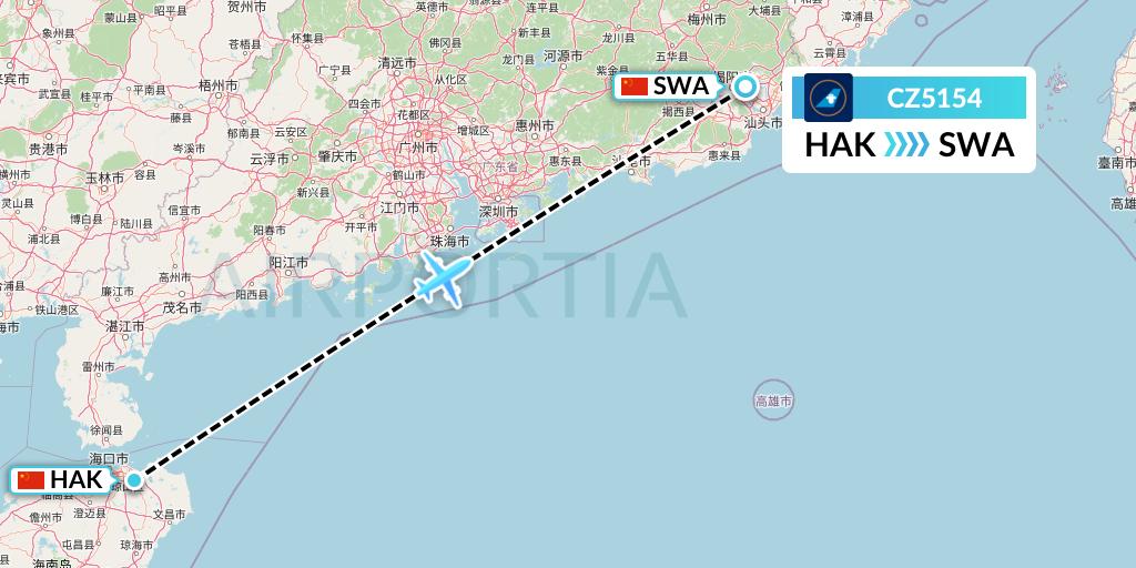 CZ5154 China Southern Airlines Flight Map: Haikou to Jieyang