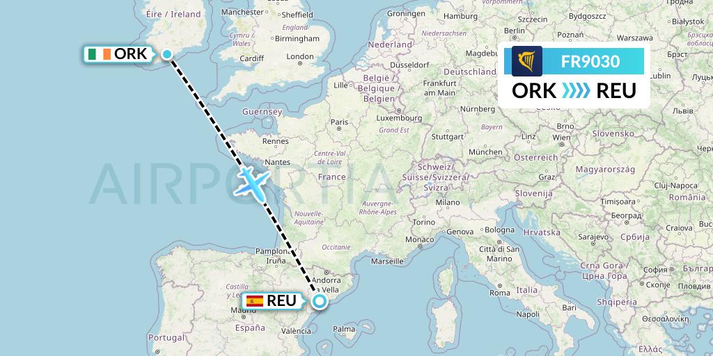 FR9030 Ryanair Flight Map: Cork to Reus