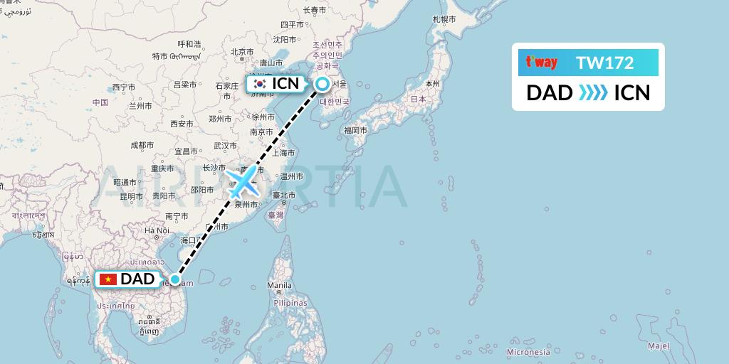 TW172 T'way Air Flight Map: Da Nang to Seoul