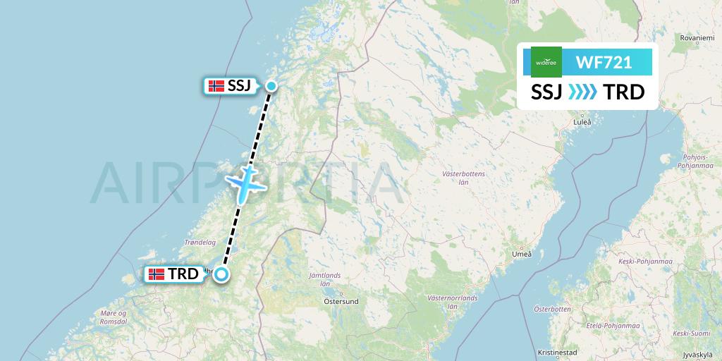 WF721 Wideroe Flight Map: Sandnessjoen to Trondheim
