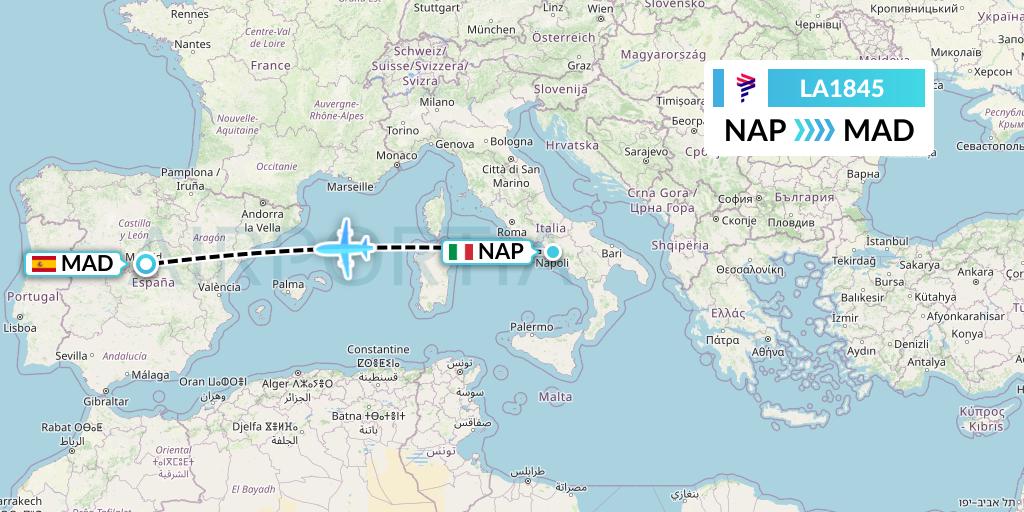 LA1845 LAN Airlines Flight Map: Naples to Madrid