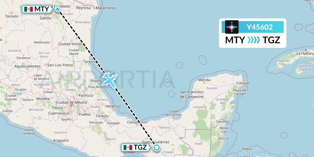 Y45602 Volaris Flight Map: Monterrey to Tuxtla Gutierrez