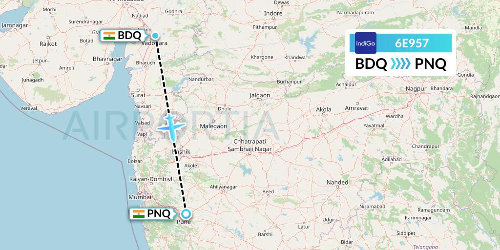 6E957 IndiGo Airlines Flight Map: Vadodara to Pune