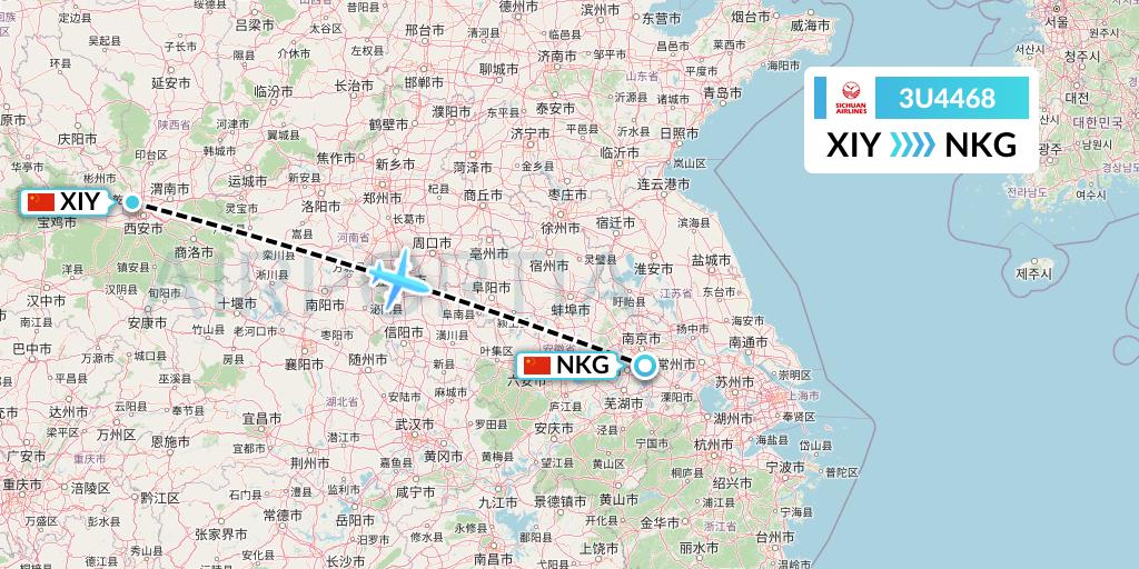 3U4468 Sichuan Airlines Flight Map: Xi'an to Nanjing