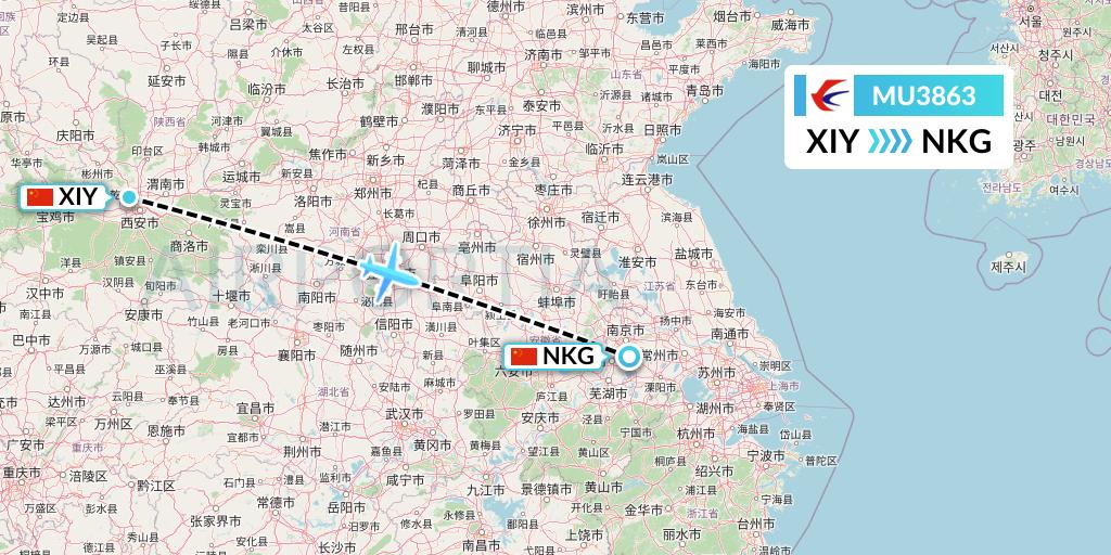 MU3863 China Eastern Airlines Flight Map: Xi'an to Nanjing