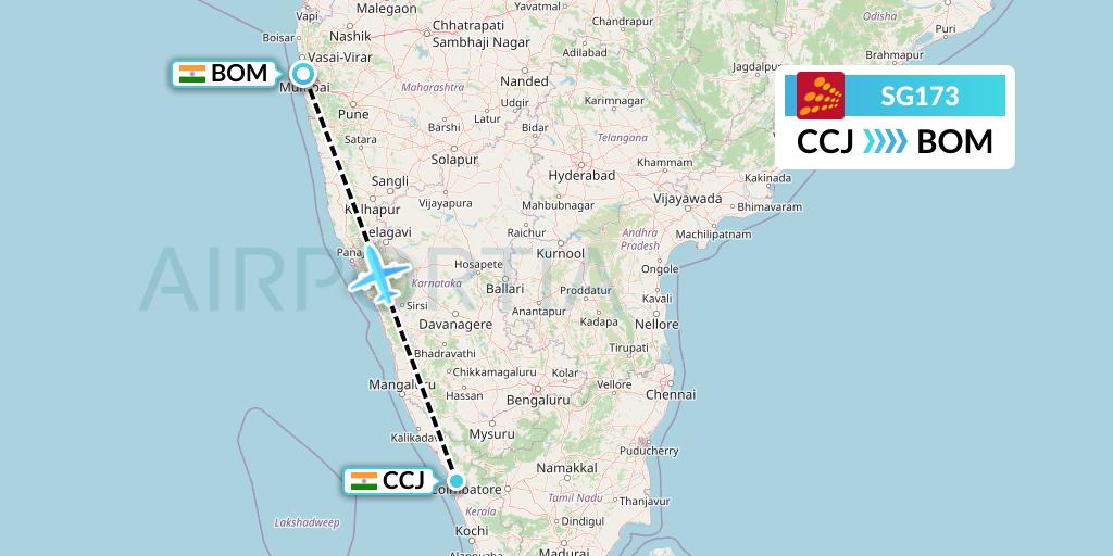 SG173 SpiceJet Flight Map: Kozhikode to Mumbai