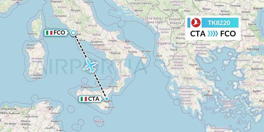 TK8220 Turkish Airlines Flight Map: Catania to Rome