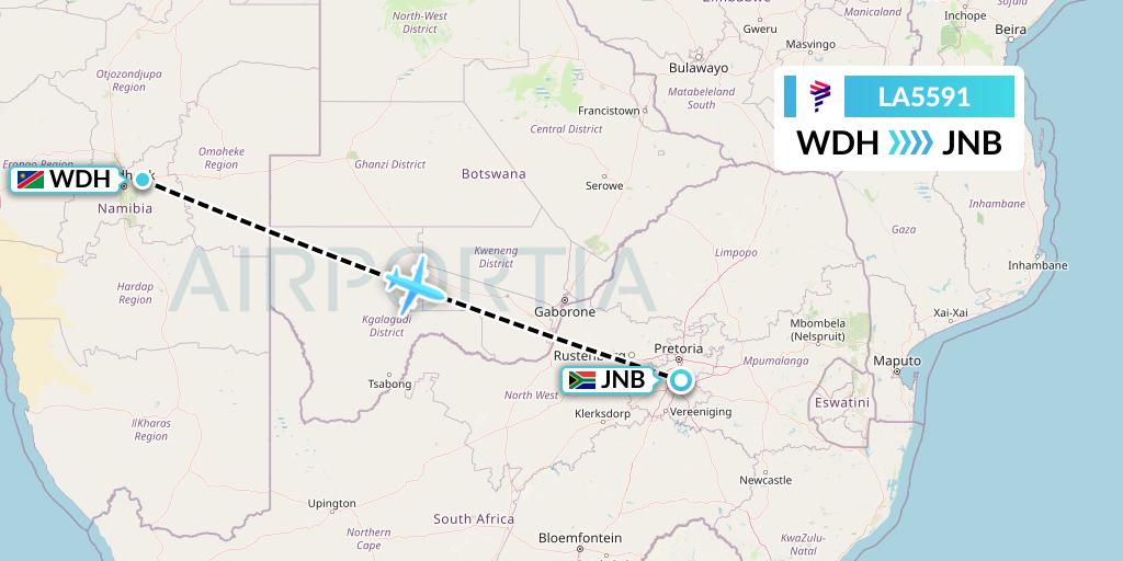 LA5591 LAN Airlines Flight Map: Windhoek to Johannesburg