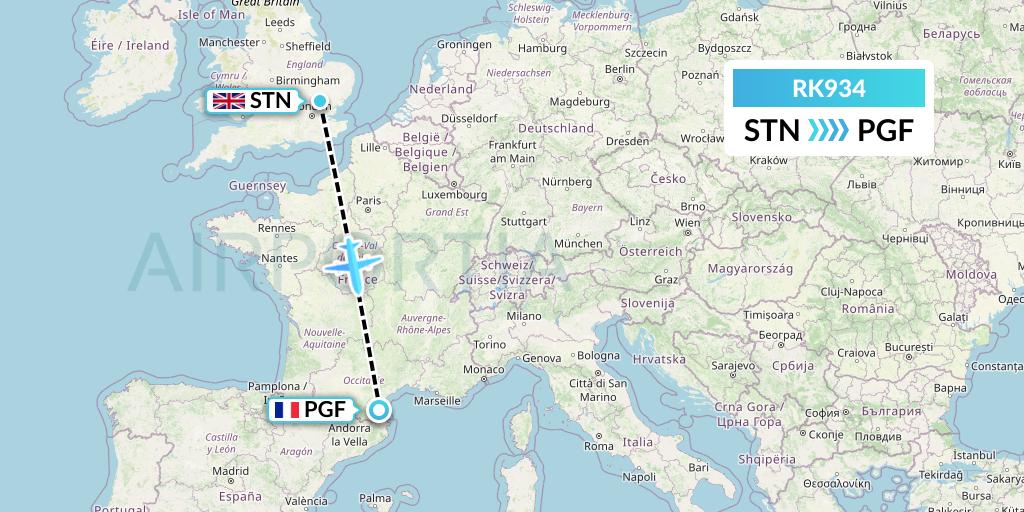 RK934 Ryanair UK Flight Map: London to Perpignan
