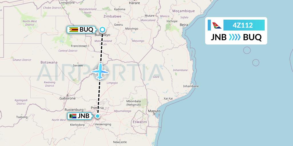 4Z112 Airlink Flight Map: Johannesburg to Bulawayo