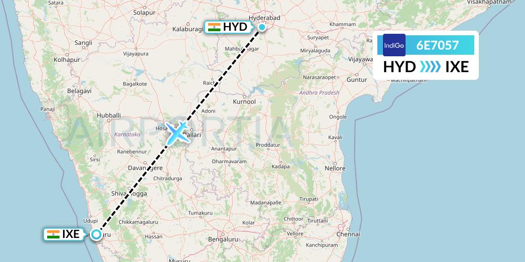 6E7057 IndiGo Airlines Flight Map: Hyderabad to Mangalore