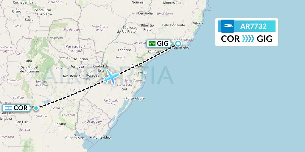 AR7732 Aerolineas Argentinas Flight Map: Cordoba to Rio de Janeiro