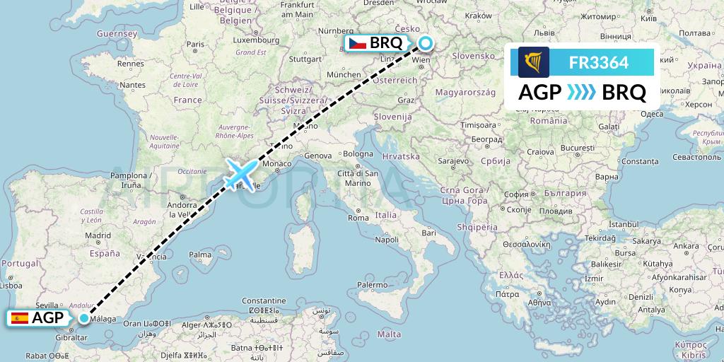 FR3364 Ryanair Flight Map: Malaga to Brno
