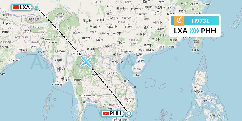 H9731 Himalaya Airlines Flight Map: Lhasa to Phan Thiet