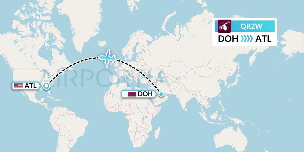 QR2W Qatar Airways Flight Map: Doha to Atlanta