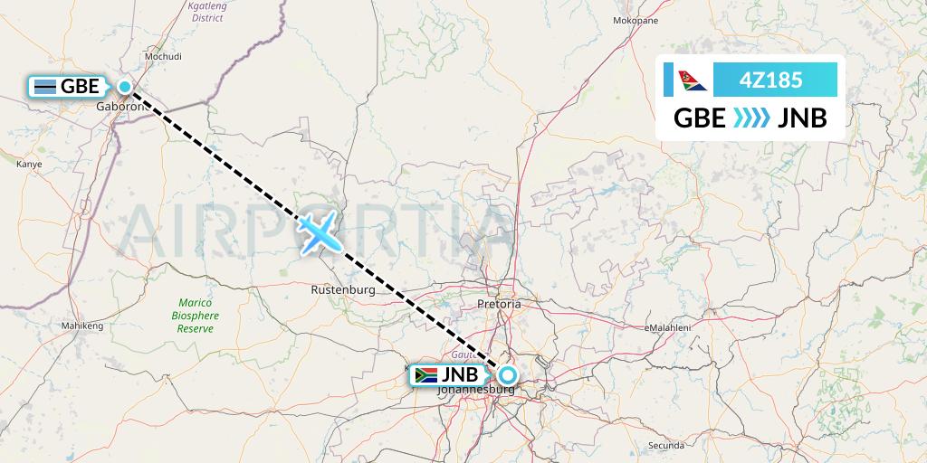 4Z185 Airlink Flight Map: Gaborone to Johannesburg