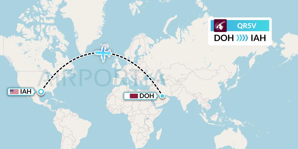 QR5V Qatar Airways Flight Map: Doha to Houston
