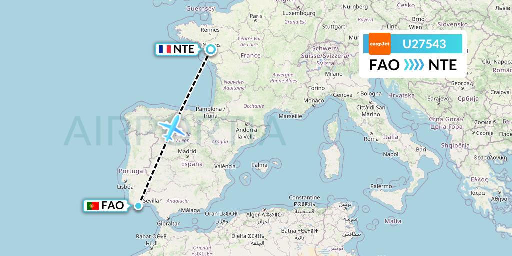 U27543 EasyJet Flight Map: Faro to Nantes