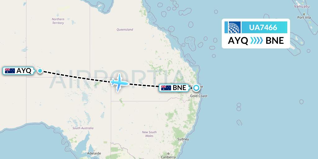UA7466 United Airlines Flight Map: Ayers Rock to Brisbane