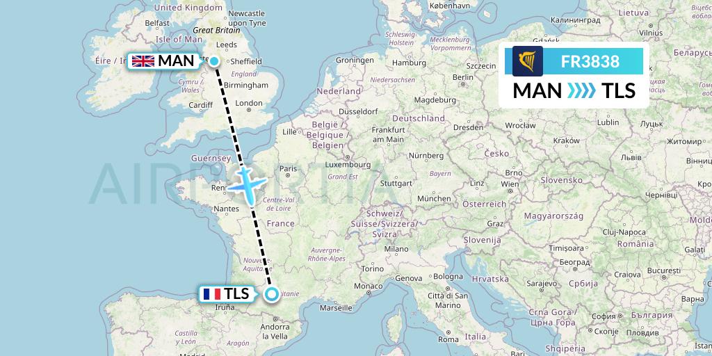 FR3838 Ryanair Flight Map: Manchester to Toulouse