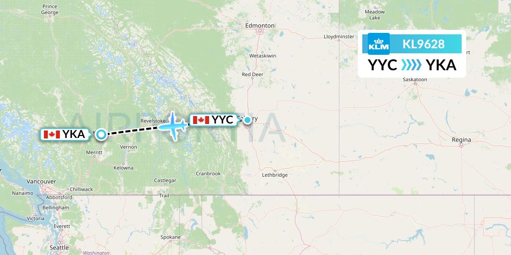 KL9628 KLM Flight Map: Calgary to Kamloops
