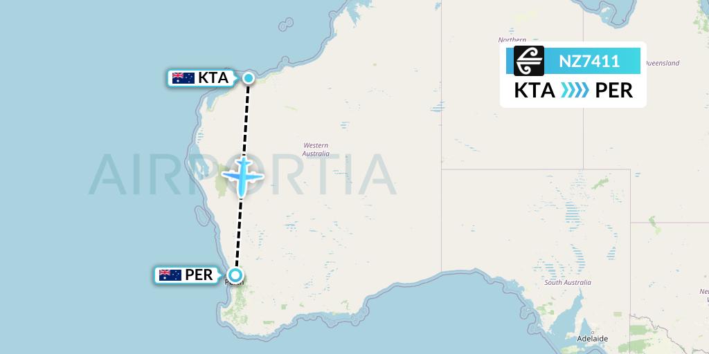 NZ7411 Air New Zealand Flight Map: Karratha to Perth