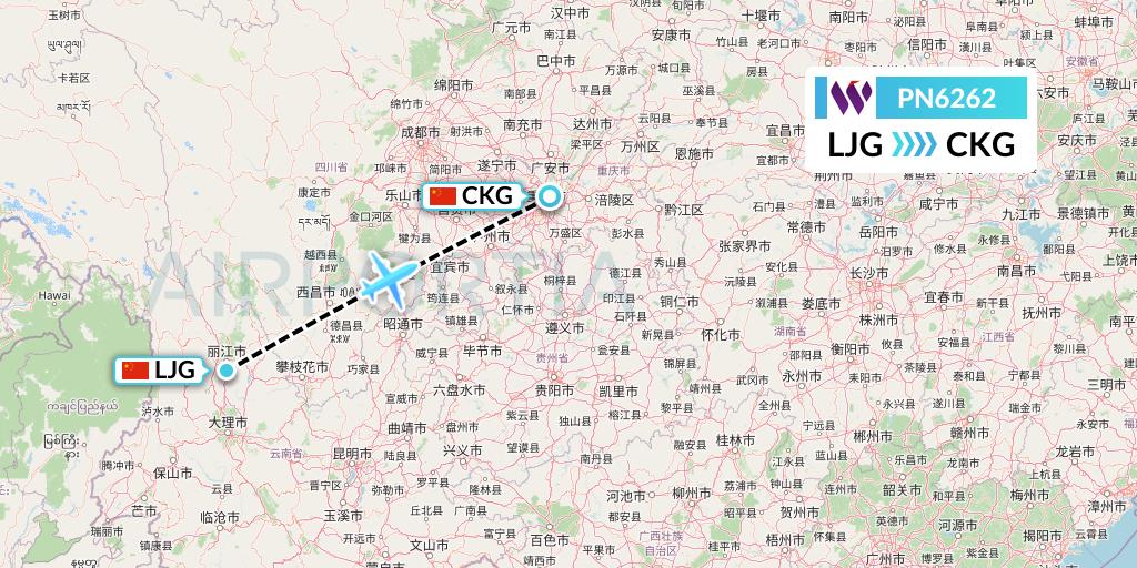 PN6262 China West Air Flight Map: Lijiang to Chongqing