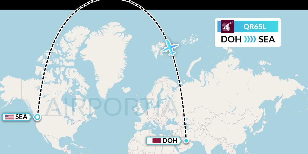 QR65L Qatar Airways Flight Map: Doha to Seattle
