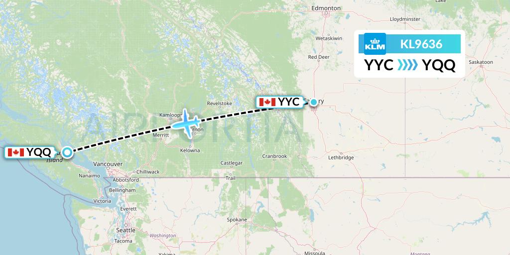 KL9636 KLM Flight Map: Calgary to Comox