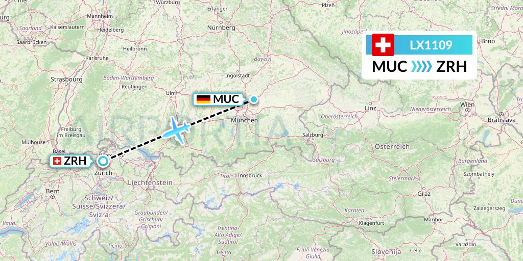 LX1109 Swiss Flight Map: Munich to Zurich