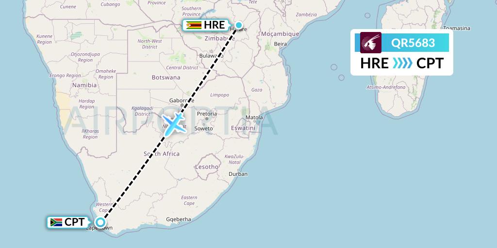 QR5683 Qatar Airways Flight Map: Harare to Cape Town