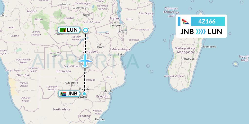 4Z166 Airlink Flight Map: Johannesburg to Lusaka