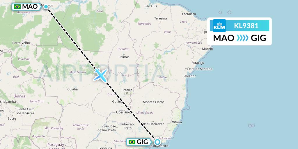 KL9381 KLM Flight Map: Manaus to Rio de Janeiro