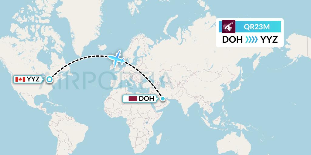 QR23M Qatar Airways Flight Map: Doha to Toronto