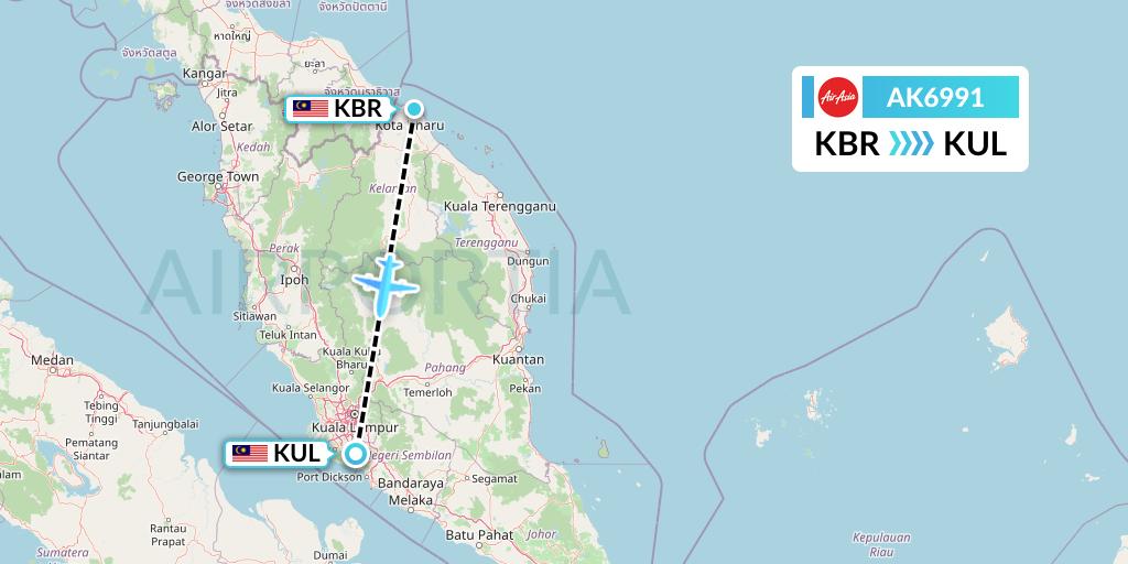 AK6991 AirAsia Flight Map: Kota Bharu to Kuala Lumpur